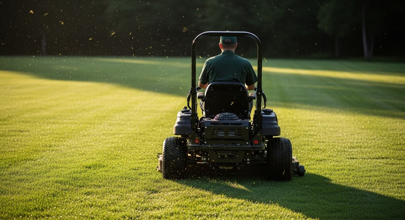 Professional landscaper on a commercial zero-turn mower at golden hour