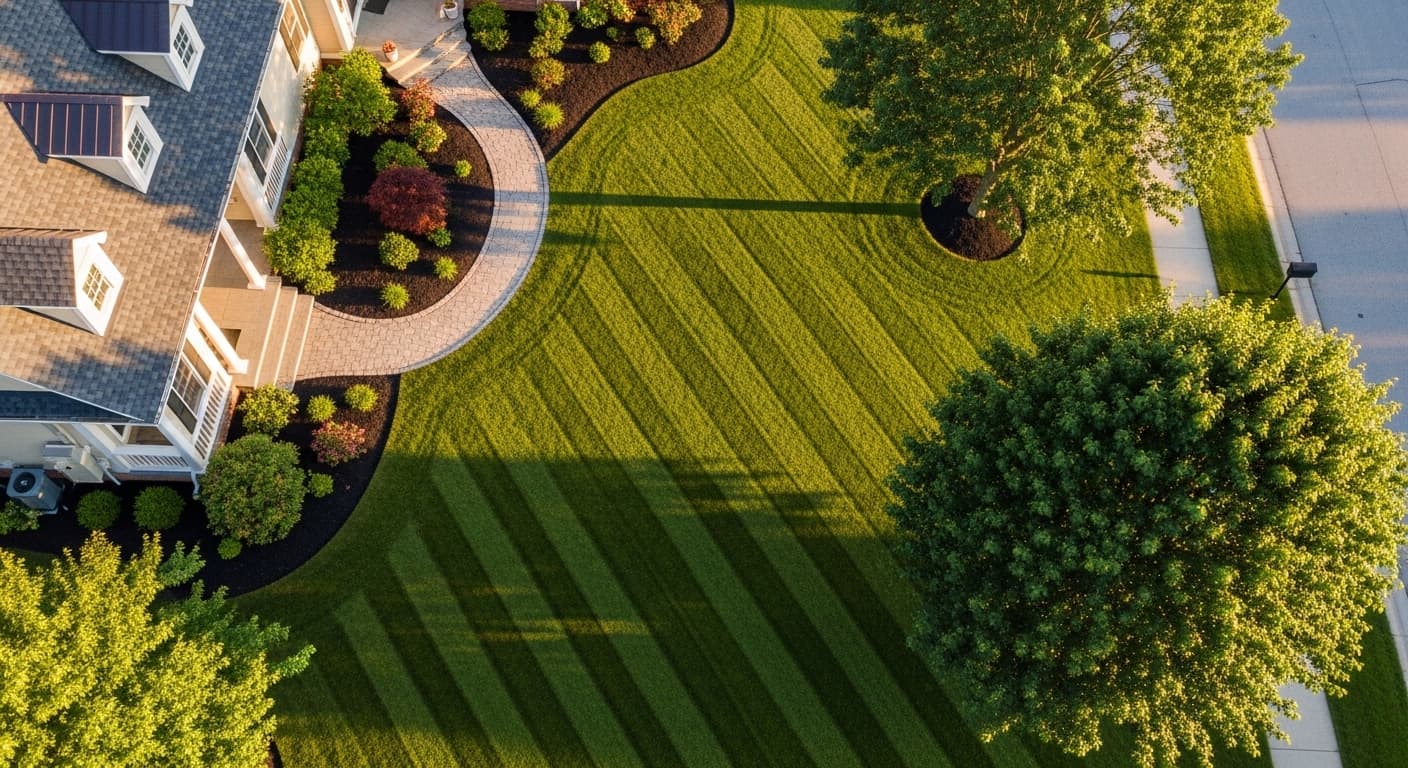 Aerial view of a meticulously maintained property showing tidy mowing stripes and mulched beds